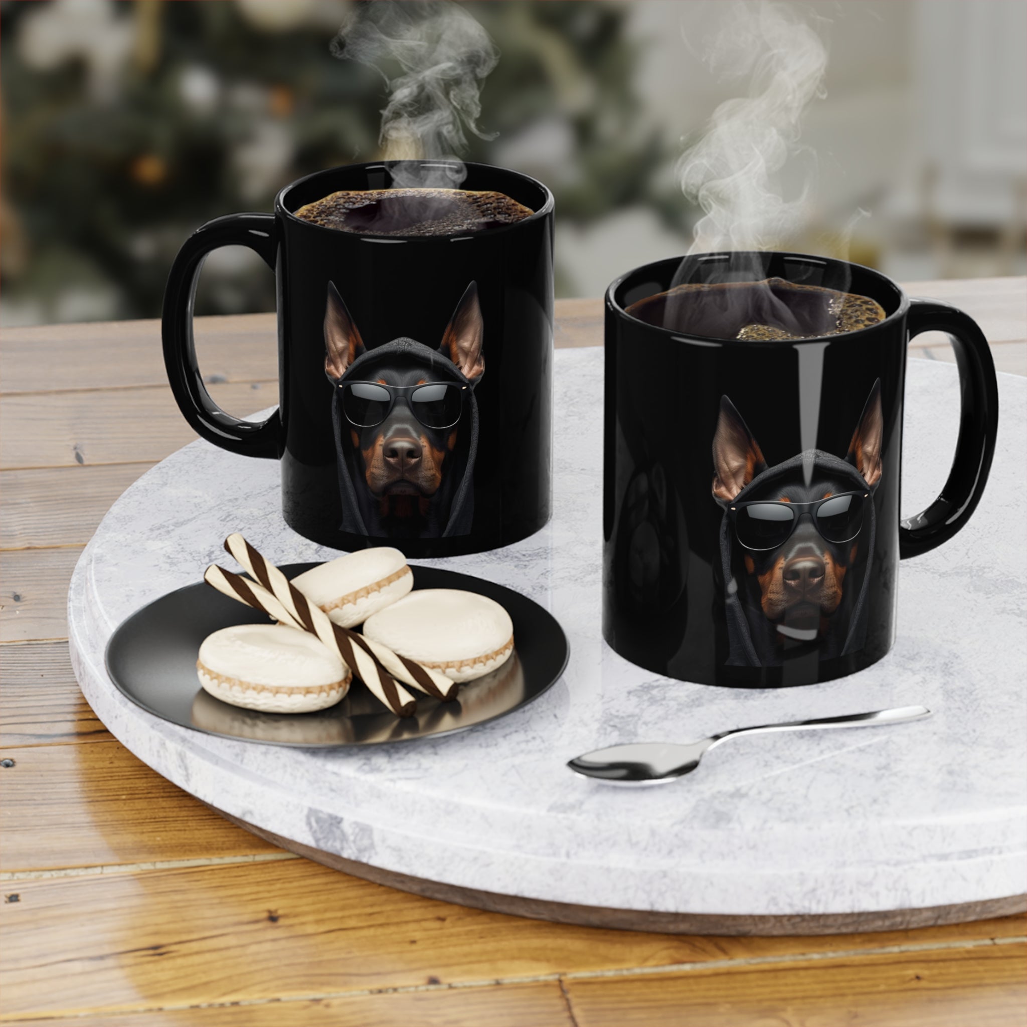 Black Ceramic Mug — Monochrome 3 Doberman Portrait Coffee Cup